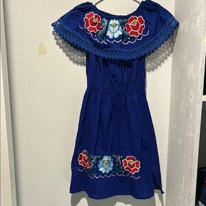 Navy Blue Sundress with Flutter Sleeves and Off the Shoulder Neckline